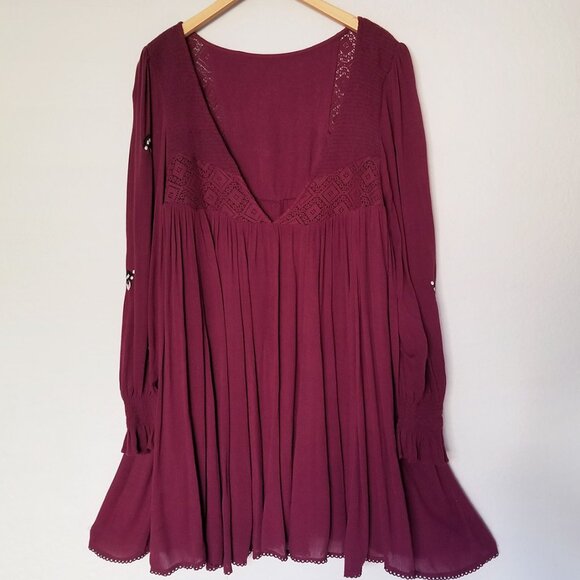 Free People Mohave Embroidered Daytime Mini Dress Babydoll Plum Burgundy M $148 - Picture 8 of 16